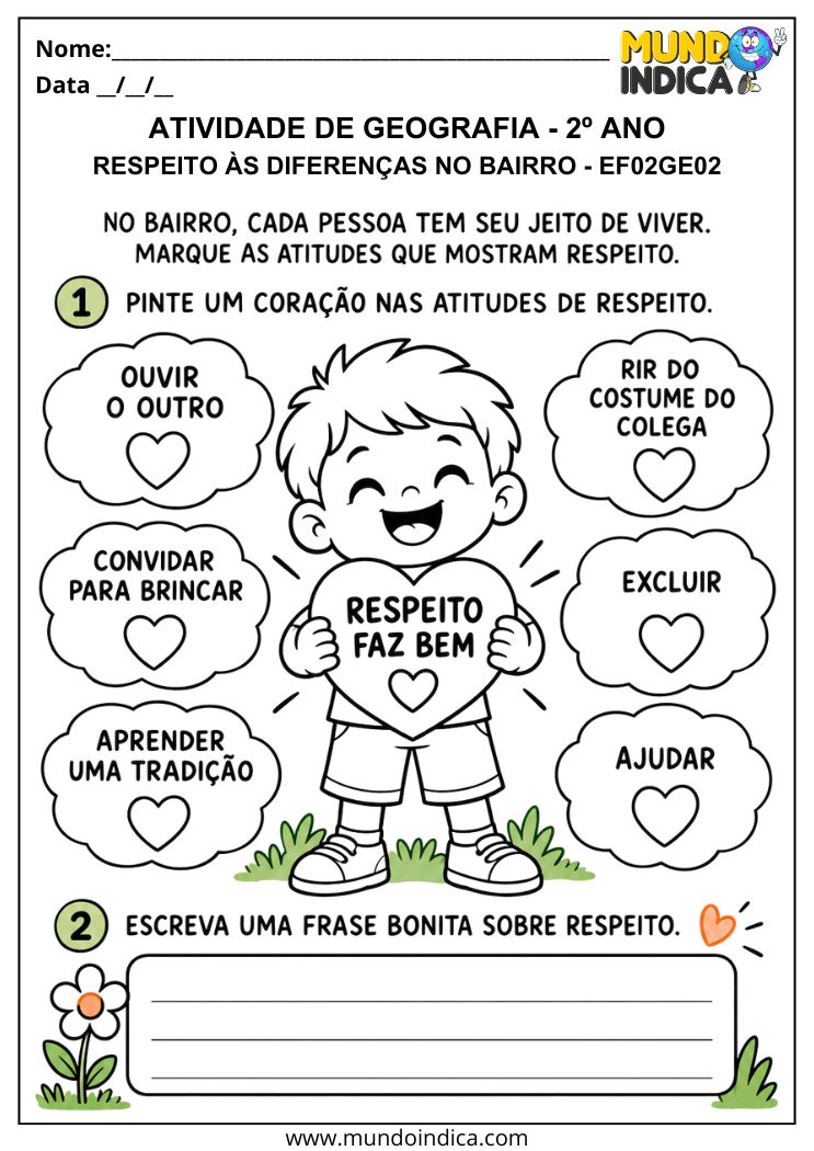Atividade de Geografia 2º ano sobre Respeito às Diferenças no Bairro - EF02GE02