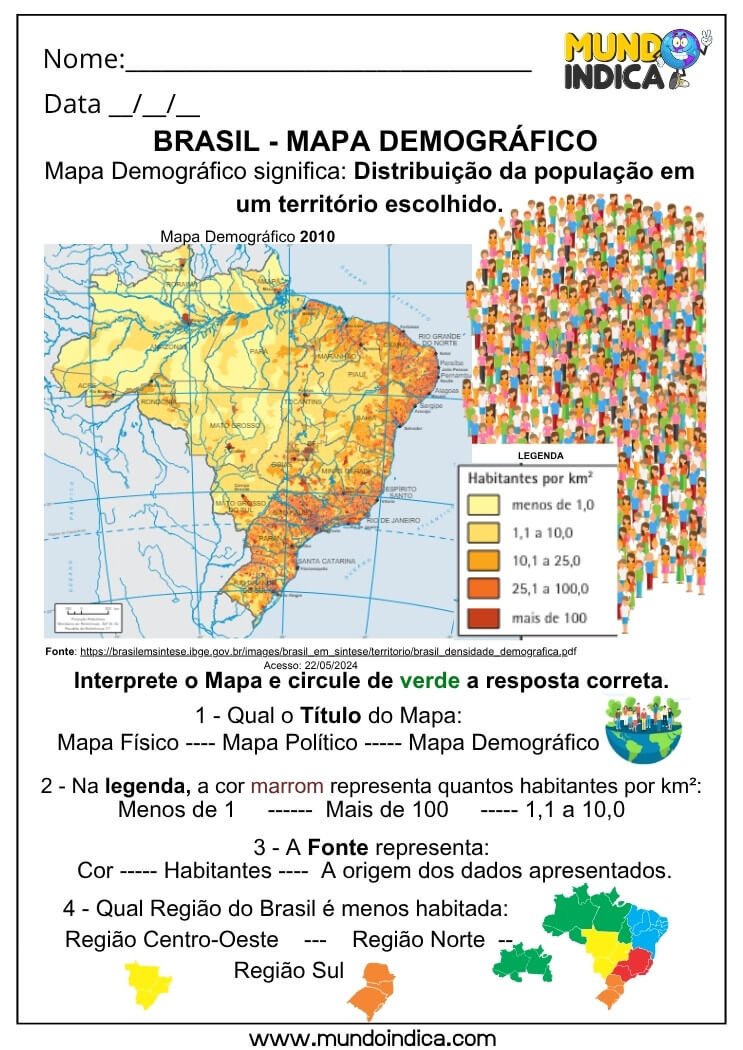 Atividade de Geografia com Mapa Demográfico do Brasil para Interpretar População, Legenda e Cores Temáticas