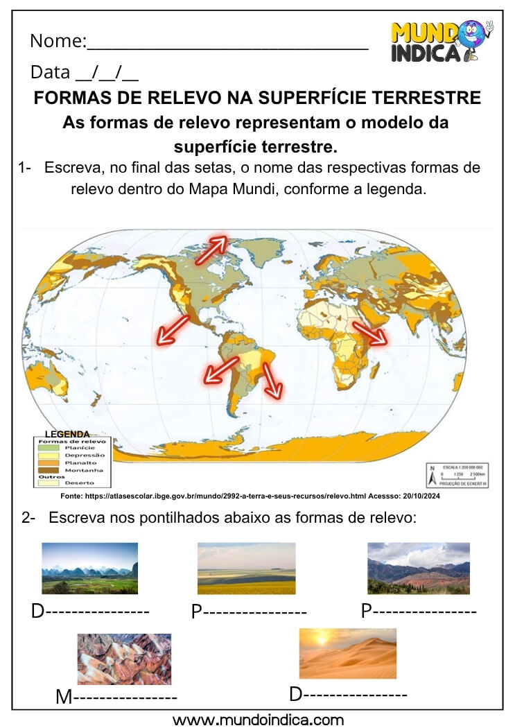 Atividade de Geografia com Mapa-Múndi sobre as Formas de Relevo da Superfície Terrestre com Imagens para Classificar