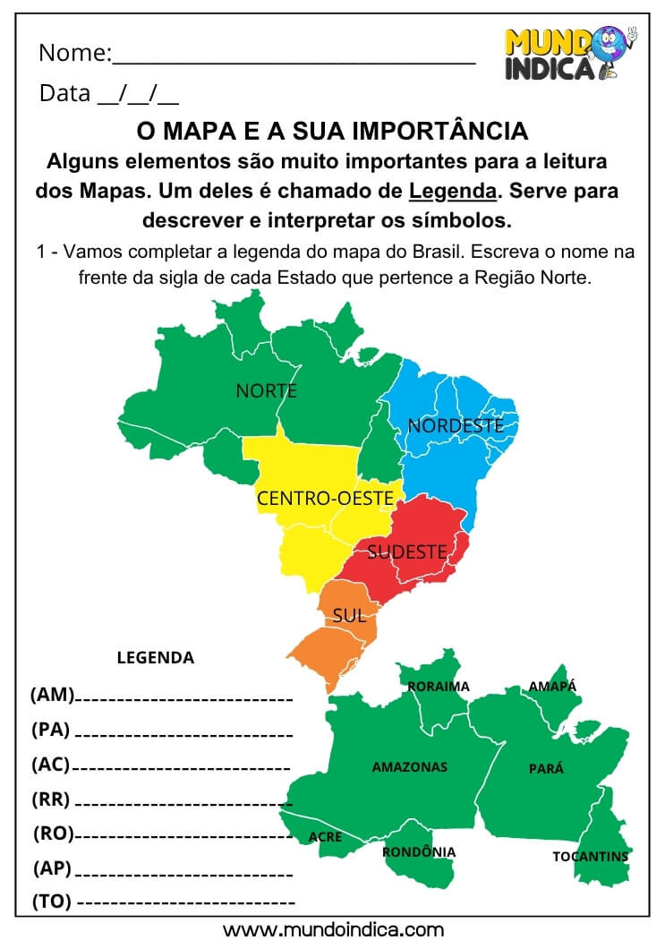 Atividade de Geografia com Mapa Político do Brasil para Identificar Estados da Região Norte e Trabalhar a Legenda