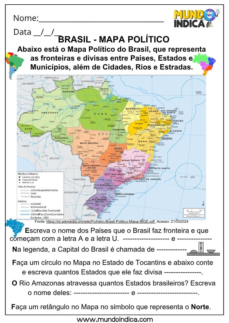 Atividade de Geografia com Mapa Político do Brasil para Identificar Fronteiras, Capitais, Estados e Símbolos Cartográficos