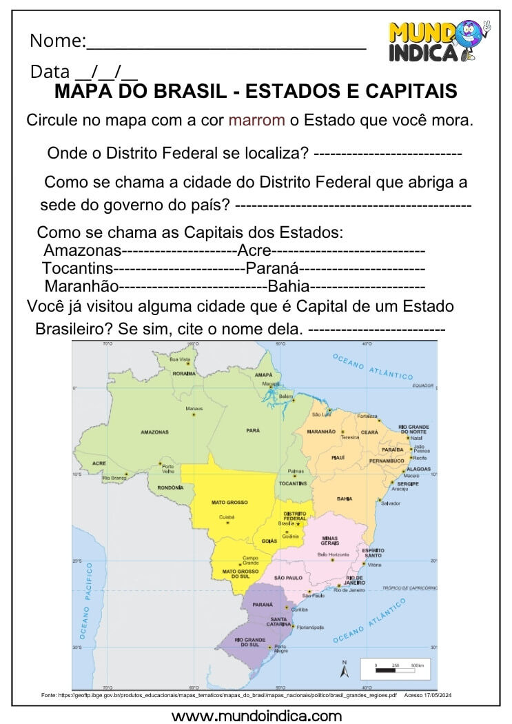 Atividade de Geografia para Identificar Título, Legenda, Fonte e Orientação no Mapa do Brasil