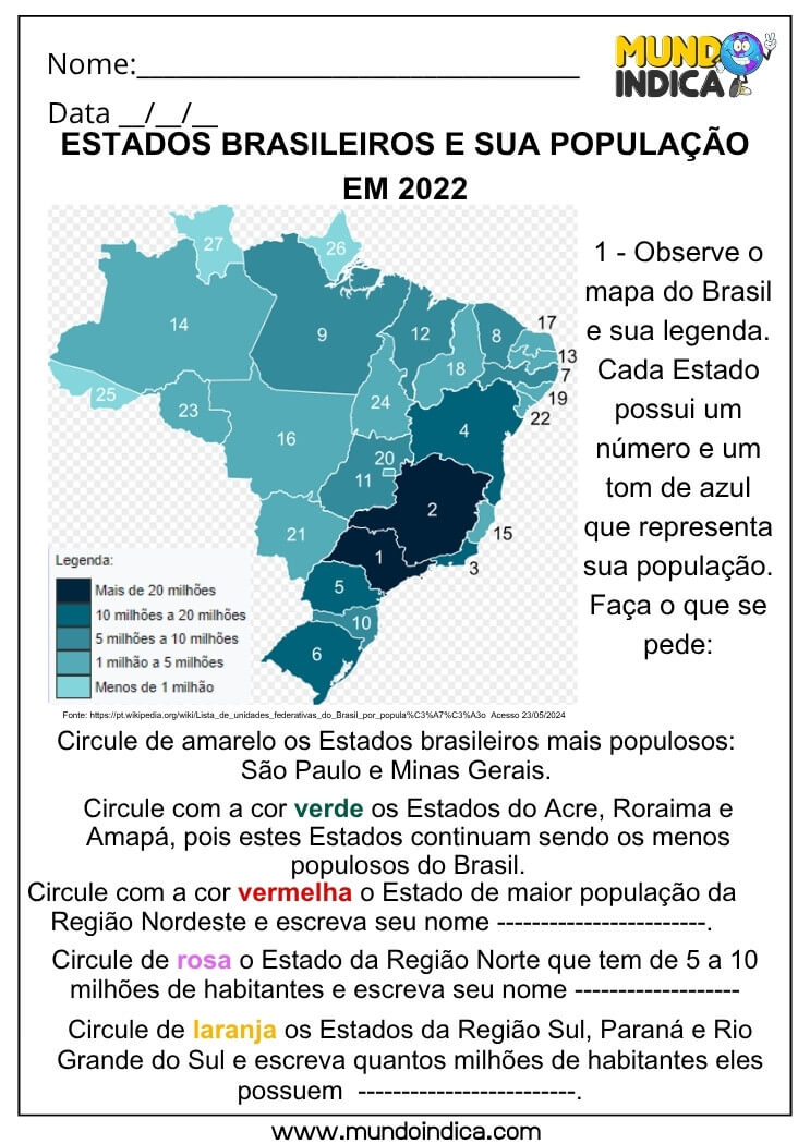 Atividade de Geografia com Mapa Temático para Identificar os Estados mais Populosos do Brasil e Trabalhar Legenda e Cores