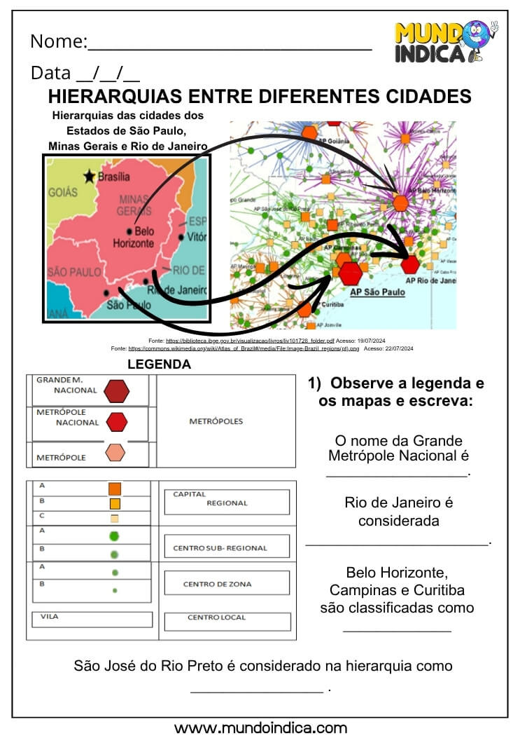 Atividade de Geografia com Mapa de Hierarquia Urbana e Legenda para Identificar Metrópoles, Capitais e Cidades Regionais