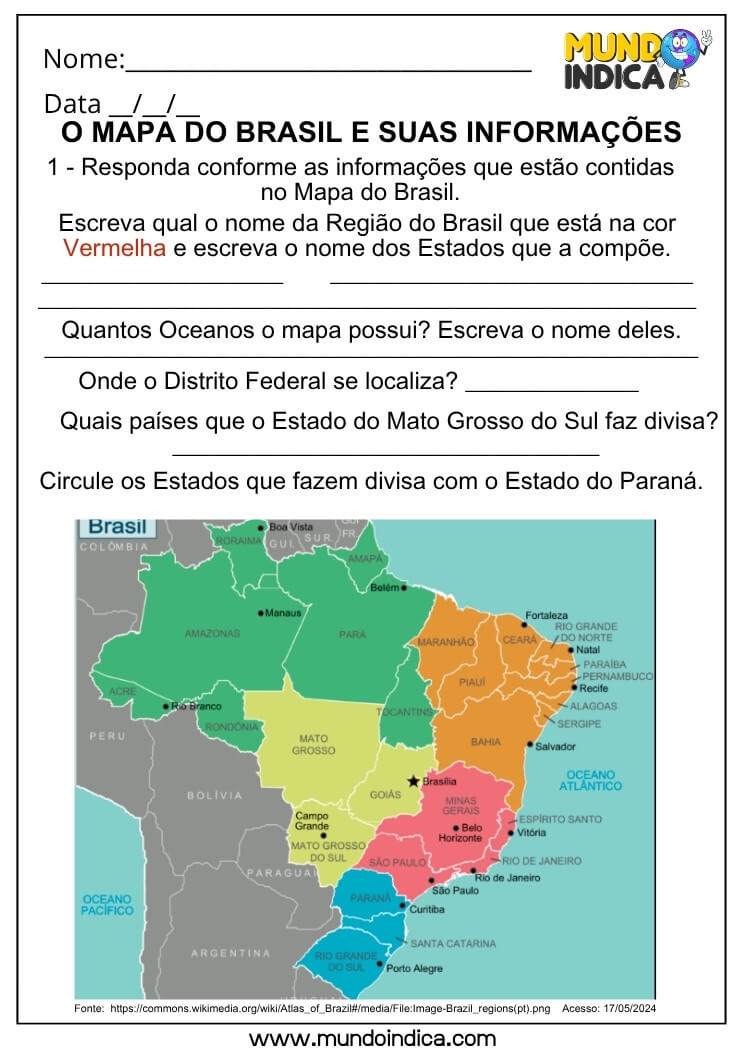 Atividade de Geografia com Mapa do Brasil para Identificar Regiões, Fronteiras, Estados e Oceanos com Leitura e Interpretação