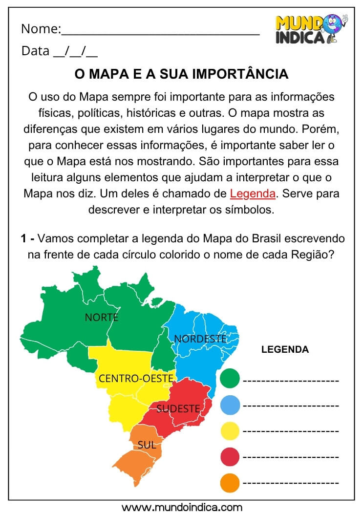 Atividade de Geografia com Mapa do Brasil para Identificar Regiões por Cores e Trabalhar a Leitura da Legenda