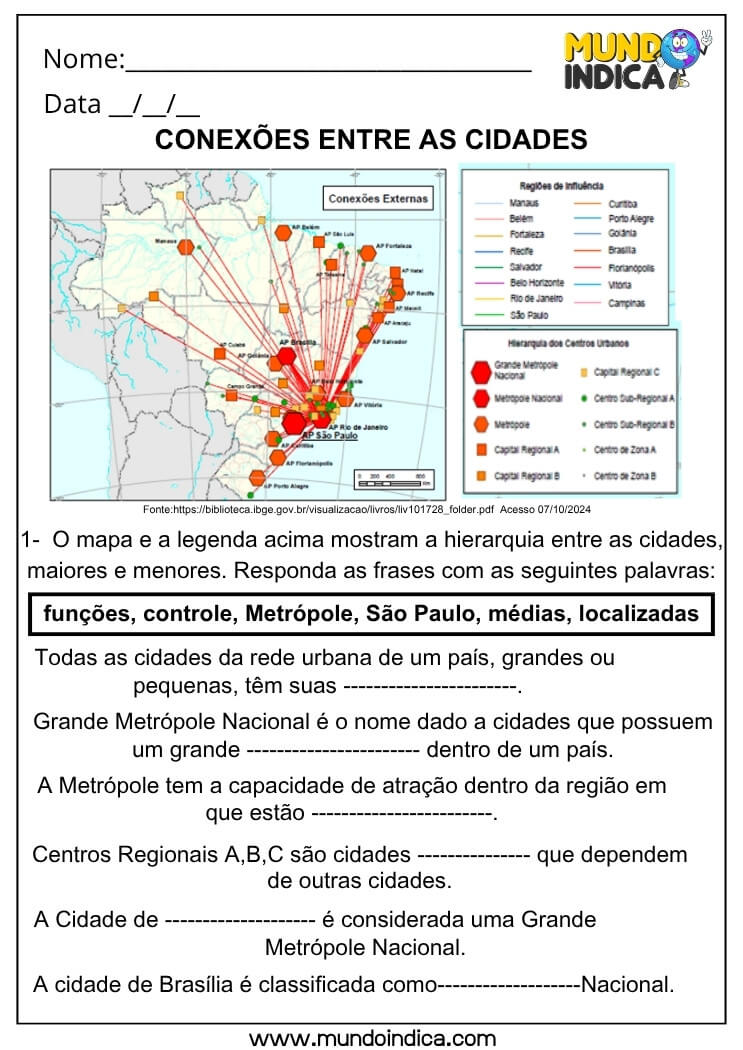 Atividade de Geografia com Mapa sobre Funções das Cidades, Metrópoles e Hierarquia Urbana no Brasil