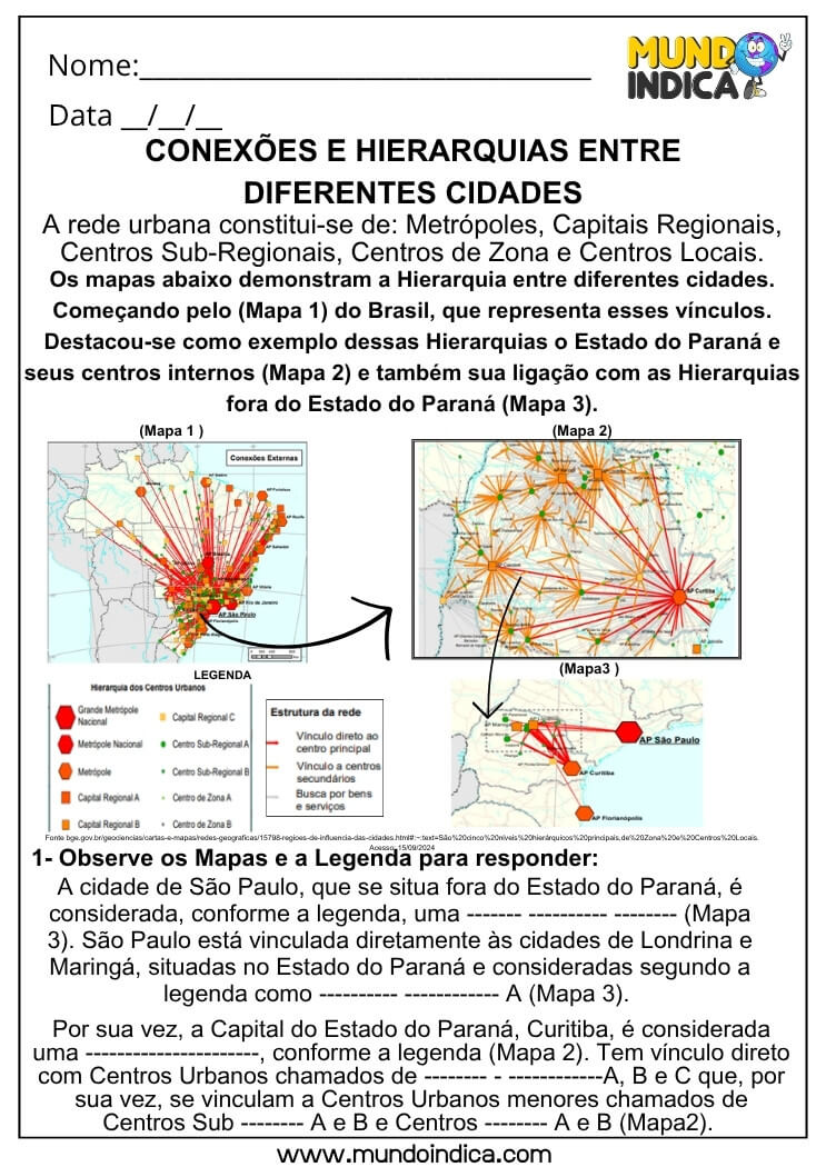 Atividade de Geografia com Mapas para Estudar Rede Urbana, Hierarquias e Conexões entre Cidades Brasileiras