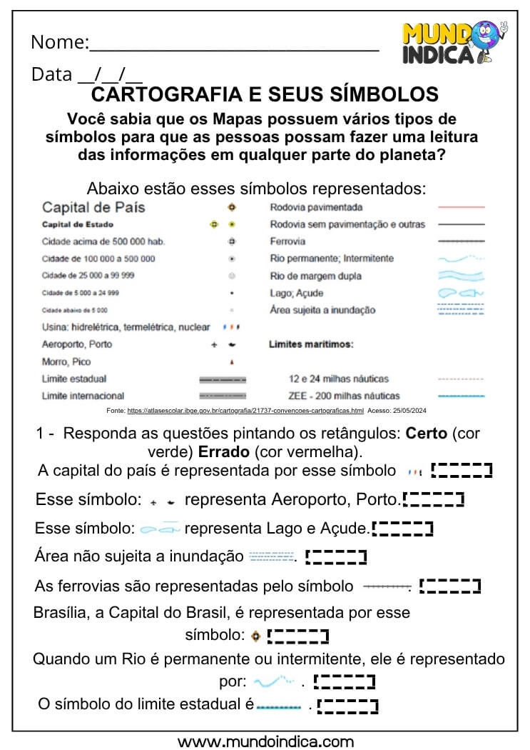 Atividade de Geografia com Símbolos Cartográficos para Identificar Elementos dos Mapas e Interpretar Informações Geográficas