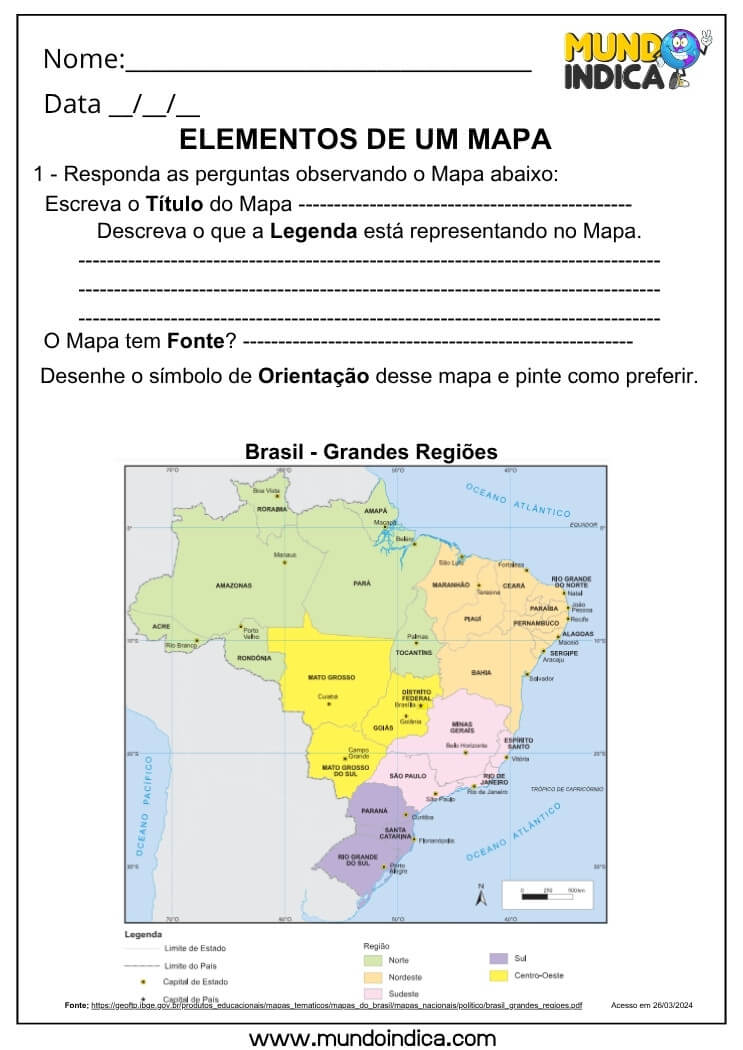 Atividade de Geografia para Identificar Título, Legenda, Fonte e Orientação no Mapa do Brasil