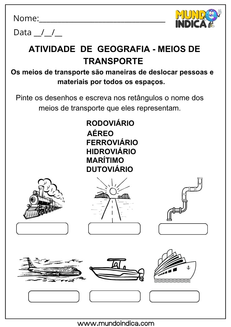 Atividade de Geografia para Identificar e Nomear os Tipos de Transporte