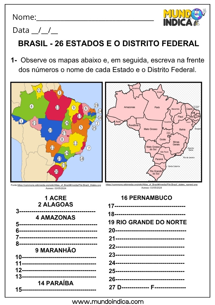 Atividade de Geografia para Identificar os 26 Estados e o Distrito Federal no Mapa do Brasil
