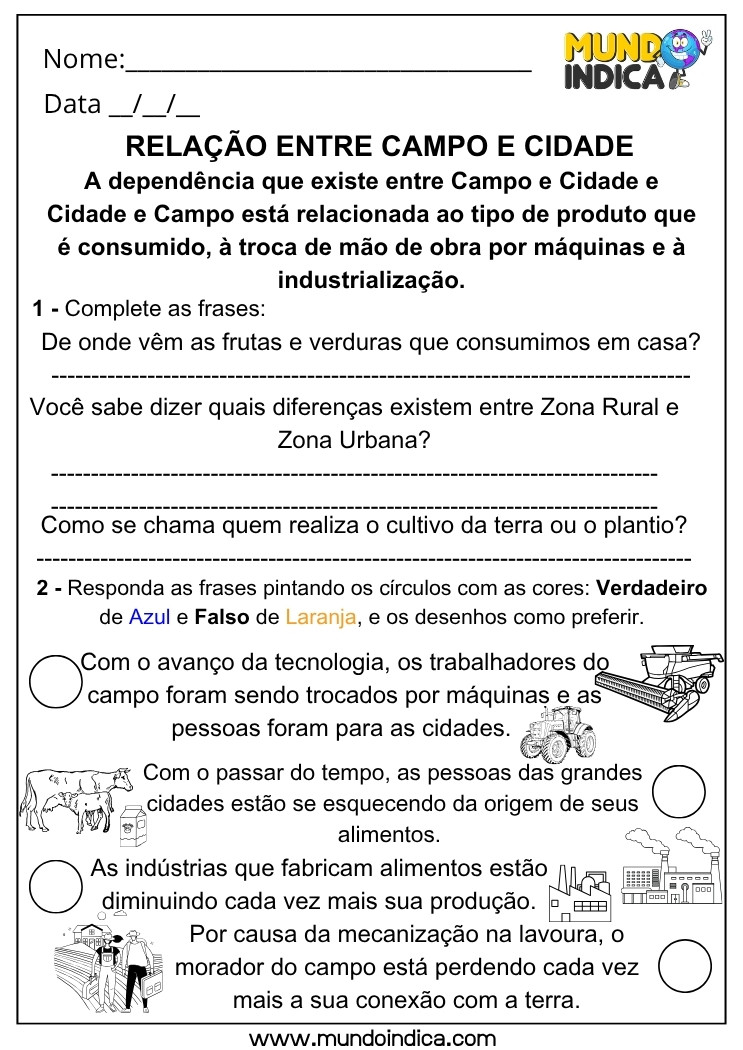Atividade de Geografia sobre Campo e Cidade com Frases para Completar e Verdadeiro ou Falso Colorido