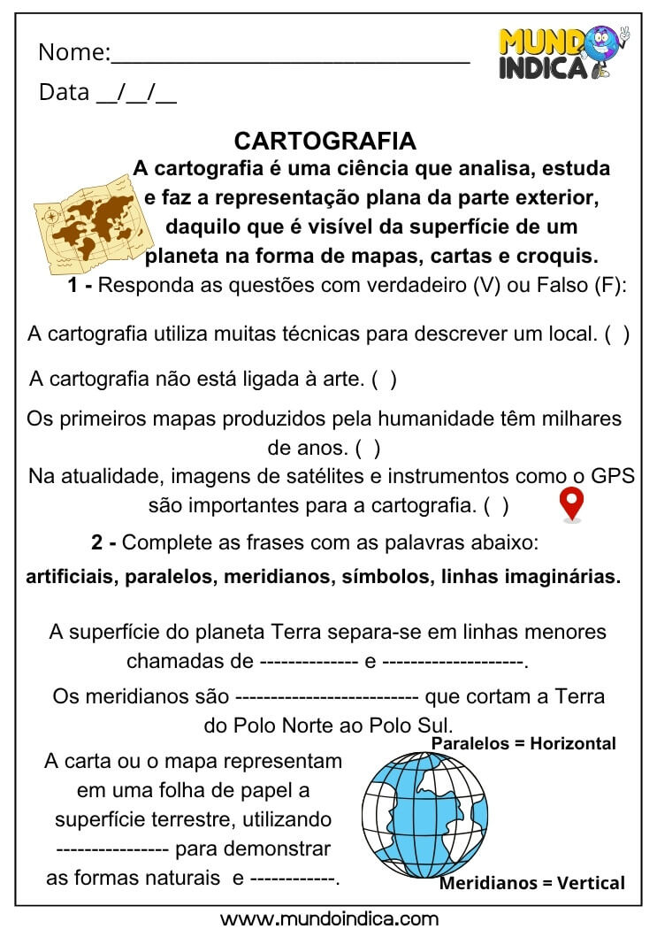 Atividade de Geografia sobre Cartografia e Linhas Imaginárias com Verdadeiro ou Falso e Frases para Completar