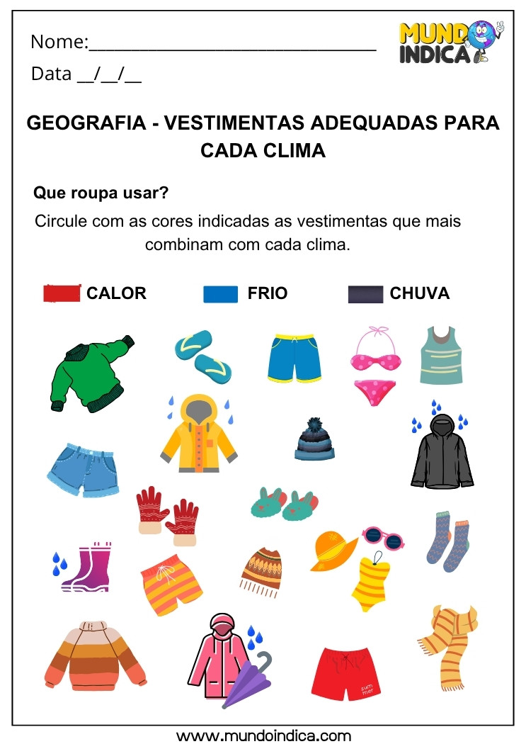 Atividade de Geografia sobre Clima e Vestuário para Identificar Roupas de Calor, Frio e Chuva