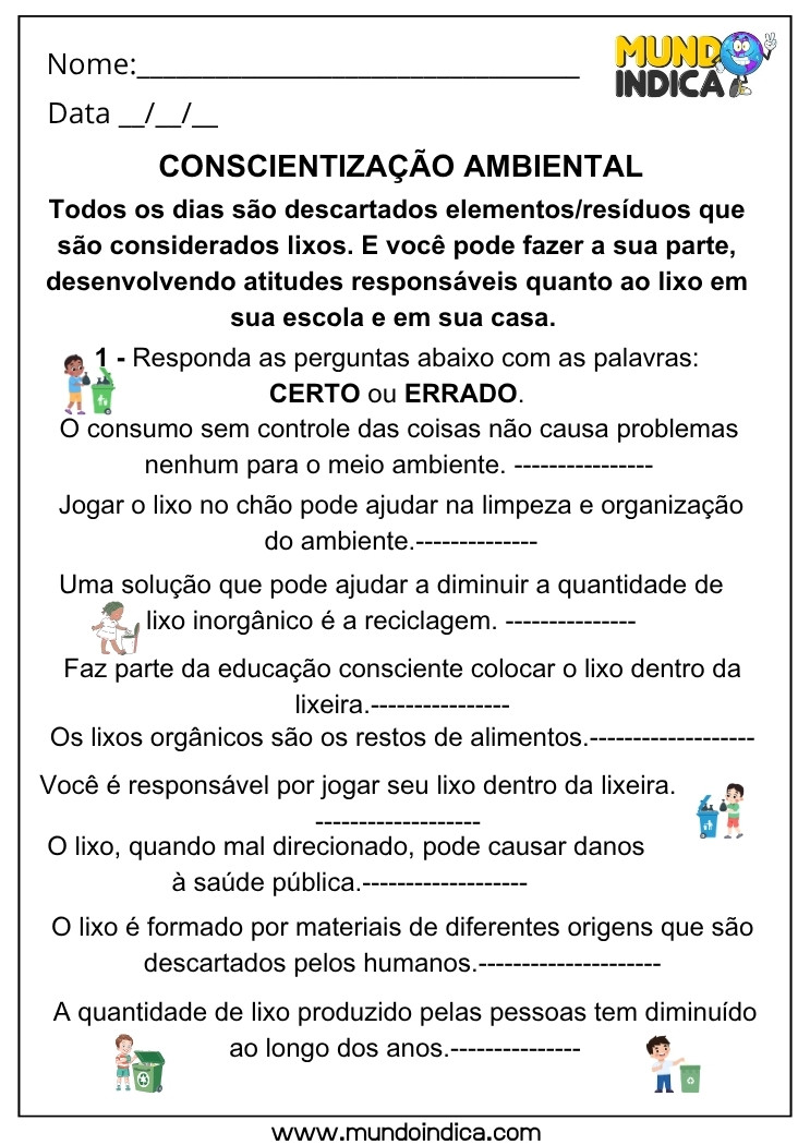 Atividade de Geografia sobre Consciência Ambiental e Lixo para Responder Certo ou Errado com Frases Reflexivas