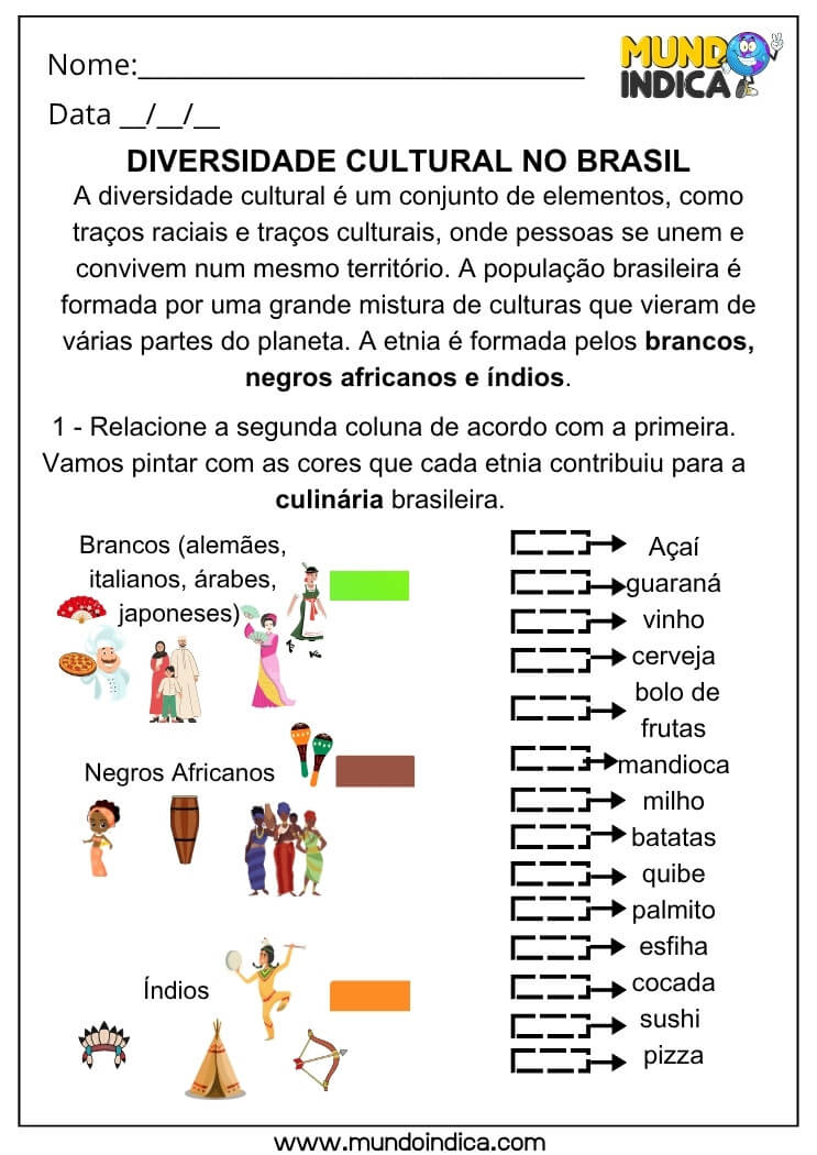 Atividade de Geografia sobre Culinária e Diversidade Étnica do Brasil 5º Ano