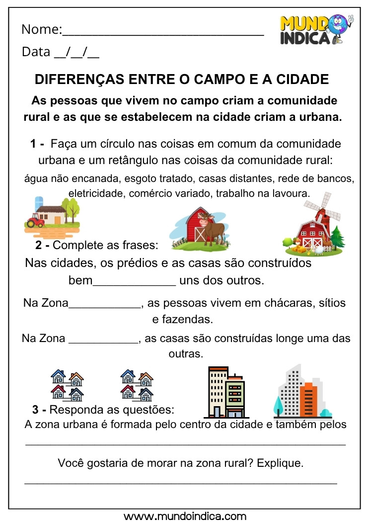 Atividade de Geografia sobre Diferenças entre Campo e Cidade com Imagens para Classificar e Completar Frases