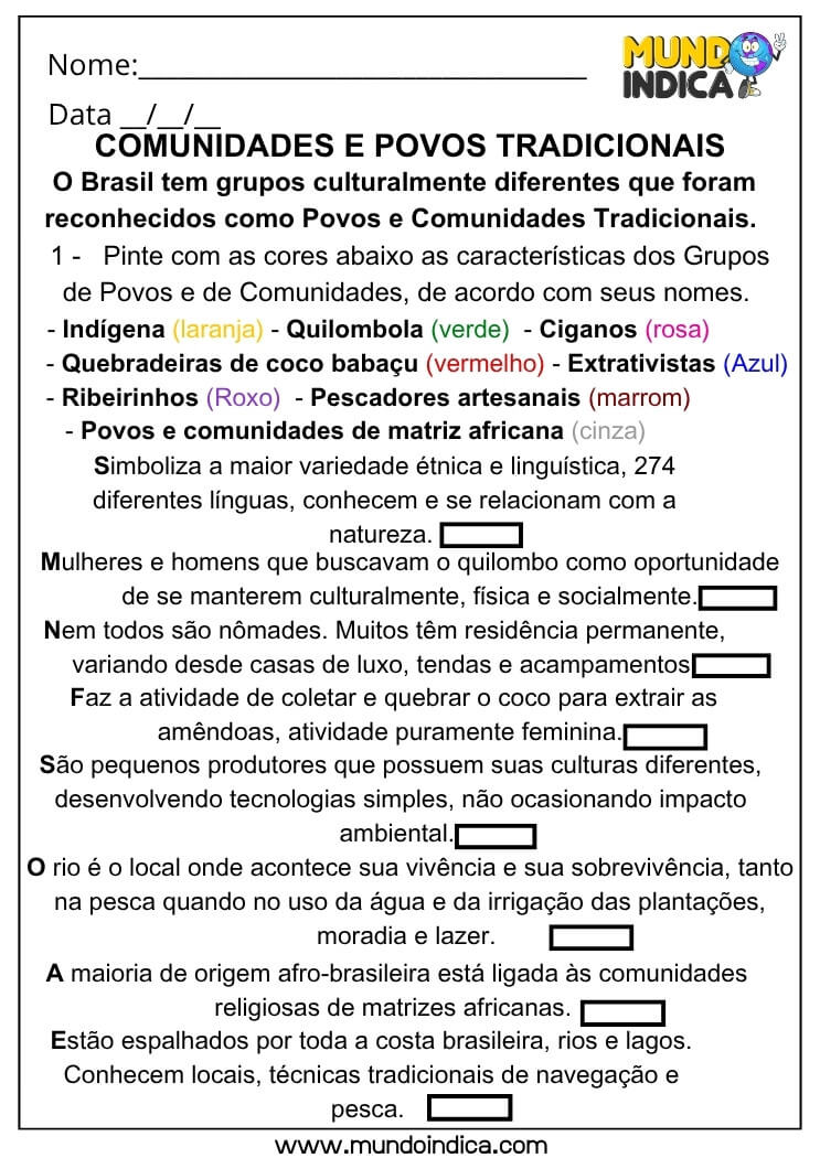 Atividade de Geografia sobre Diversidade Cultural e Povos Tradicionais para o 4º Ano