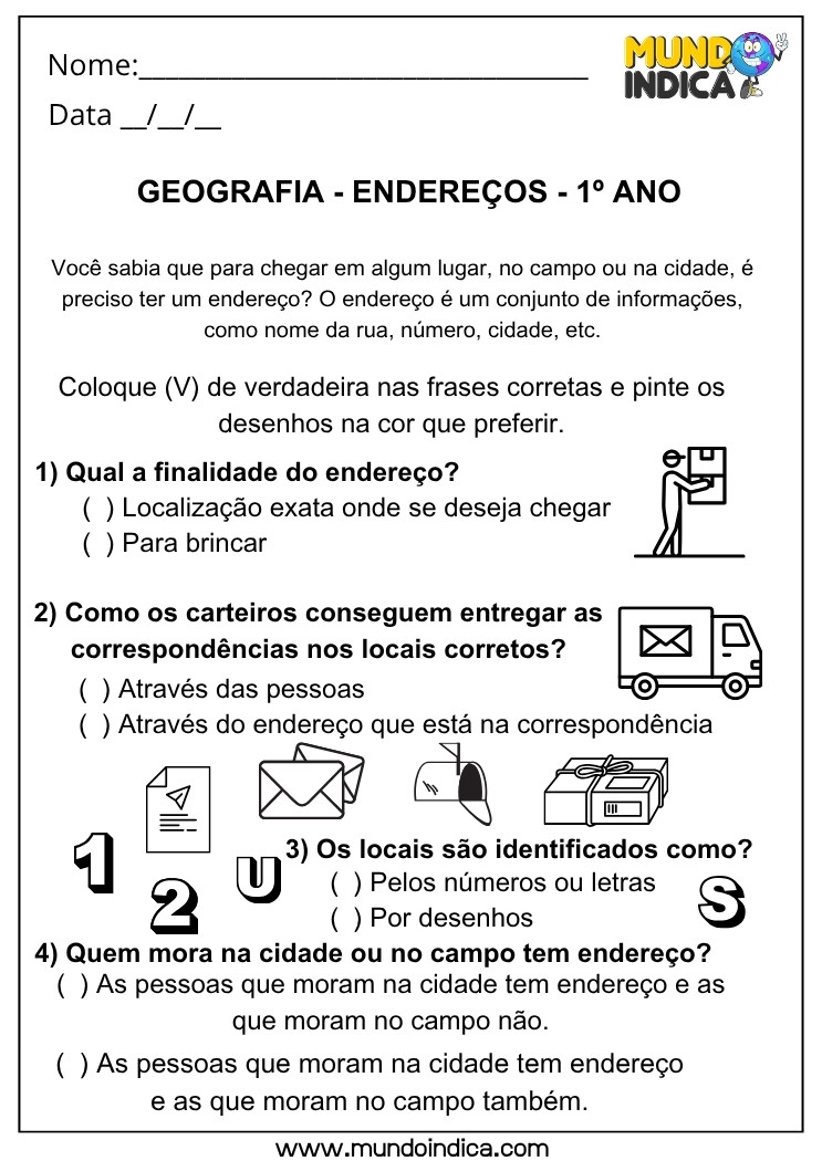 Atividade de Geografia sobre Endereços para Compreender a Localização de Pessoas e Lugares – 1º Ano