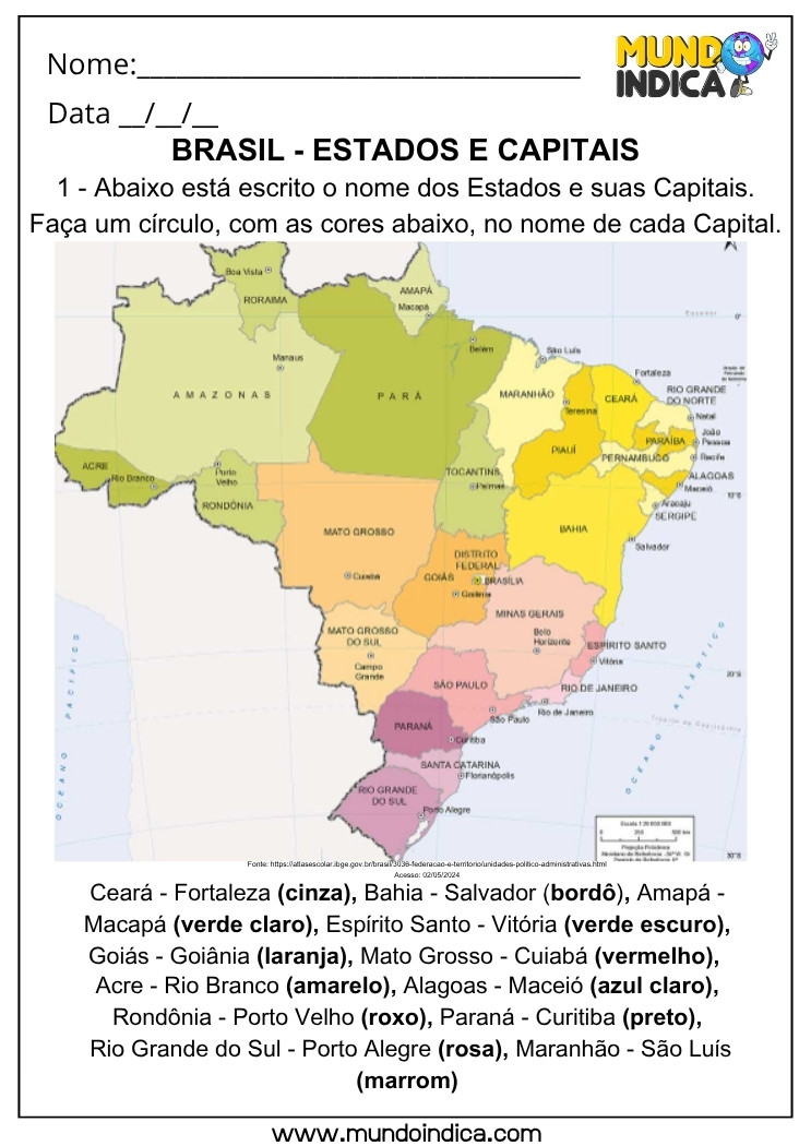 Atividade de Geografia sobre Estados e Capitais do Brasil com Mapa Político Colorido para Imprimir