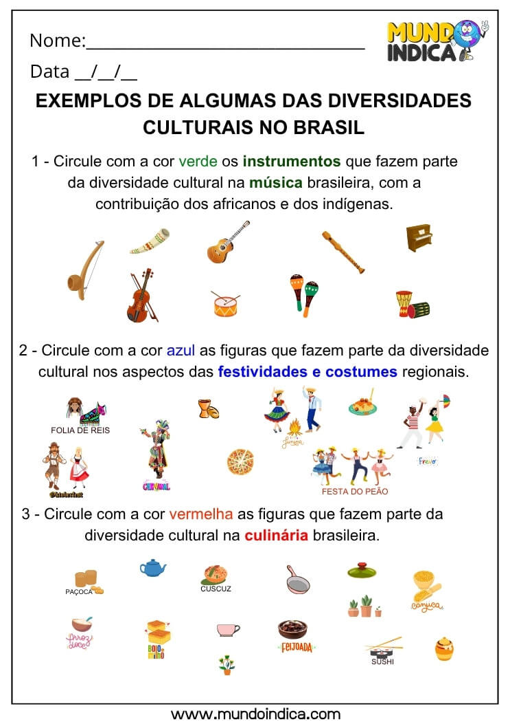 Atividade de Geografia sobre Festas, Culinária e Música da Diversidade Cultural Brasileira 4º Ano