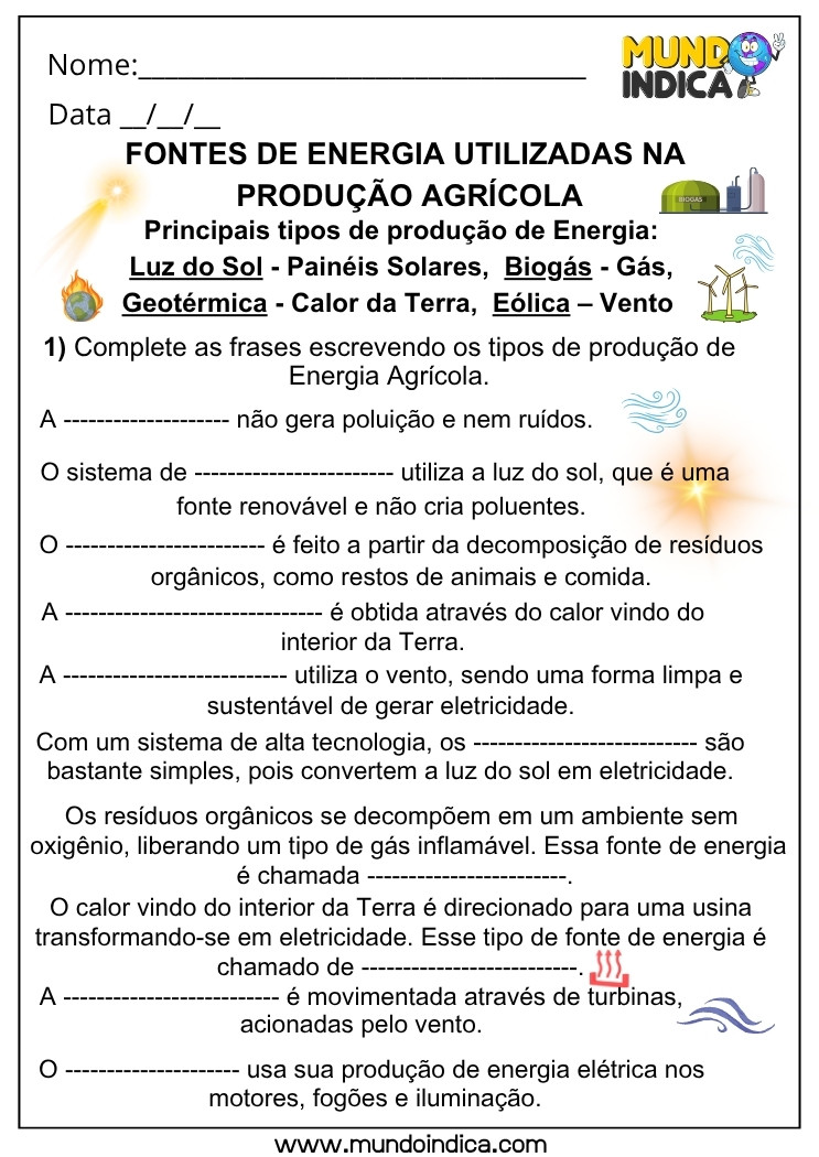 Atividade de Geografia sobre Fontes de Energia Sustentável na Produção Agrícola para Completar e Aprender