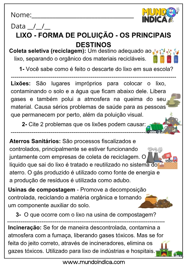 Atividade de Geografia sobre Formas de Descarte do Lixo e Problemas Ambientais com Textos para Ler e Responder