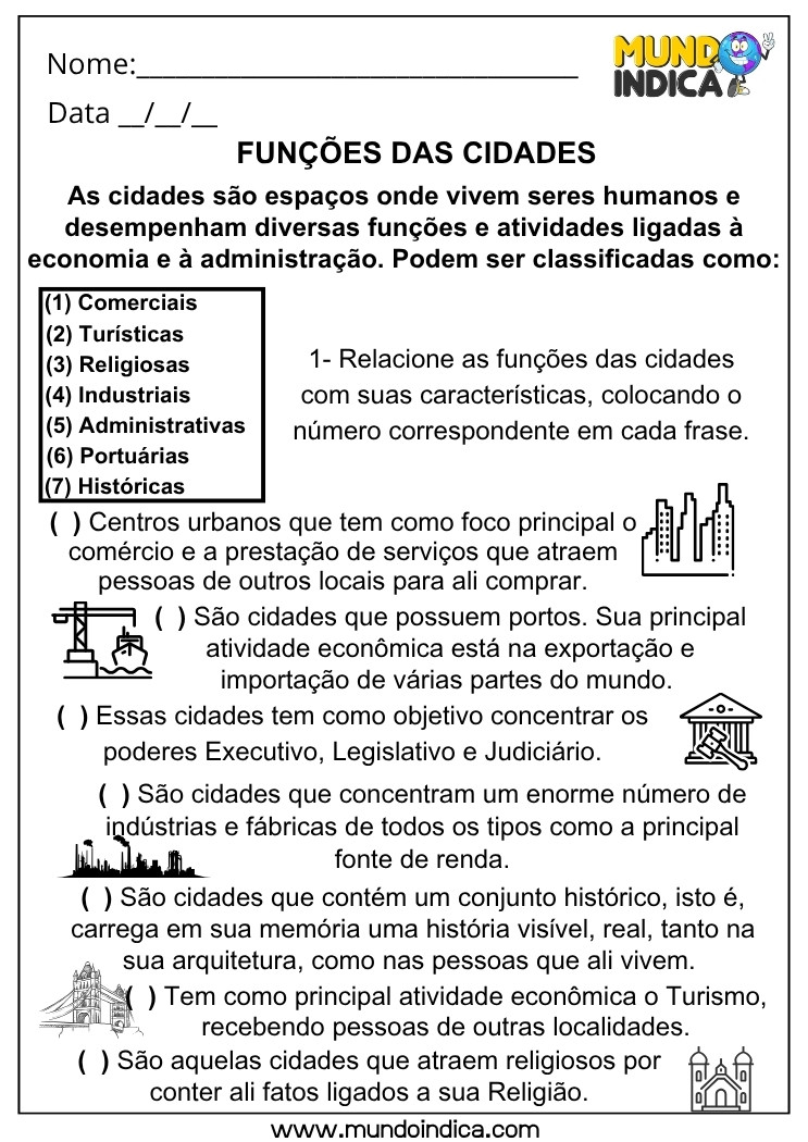 Atividade de Geografia sobre Funções das Cidades para Compreender o Espaço Urbano e suas Características