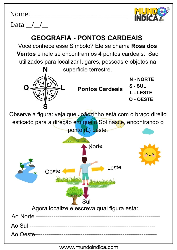 Atividade de Geografia sobre Localização Espacial com Pontos Cardeais e Sol como Referência