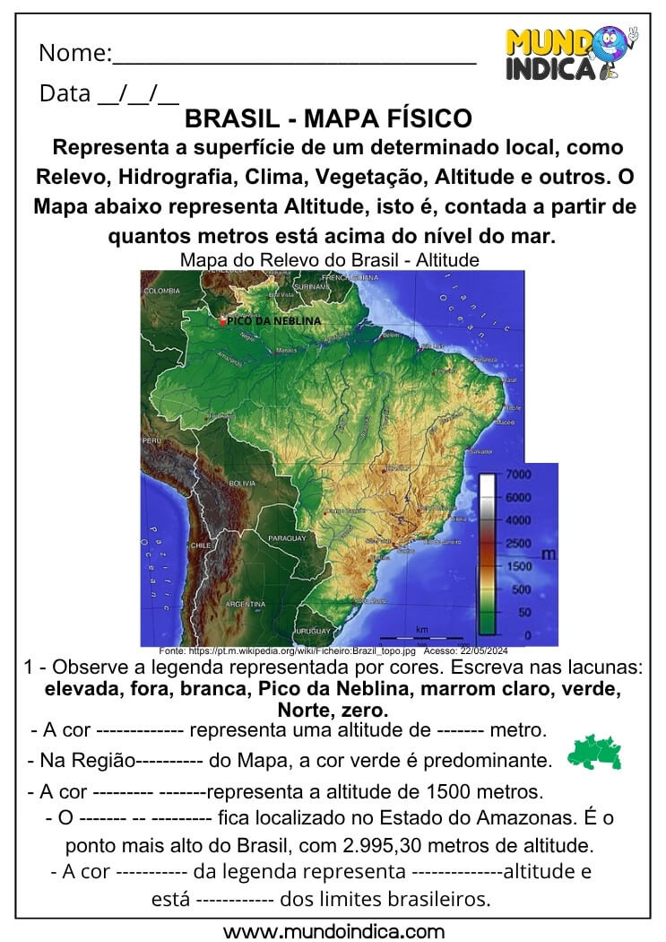 Atividade de Geografia sobre Mapa Físico do Brasil com Legenda de Altitude e Relevo para Interpretar Cores e Dados Cartográficos