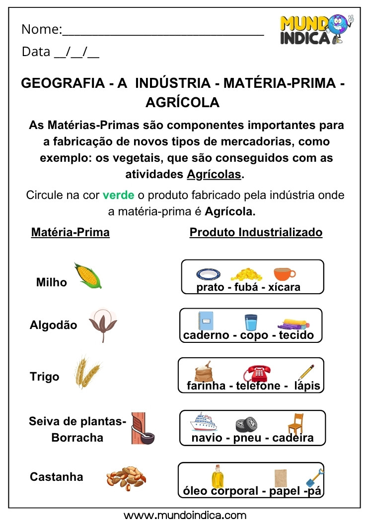 Atividade de Geografia sobre Matéria-Prima Agrícola com Produtos Vegetais para Circular e Relacionar com a Indústria
