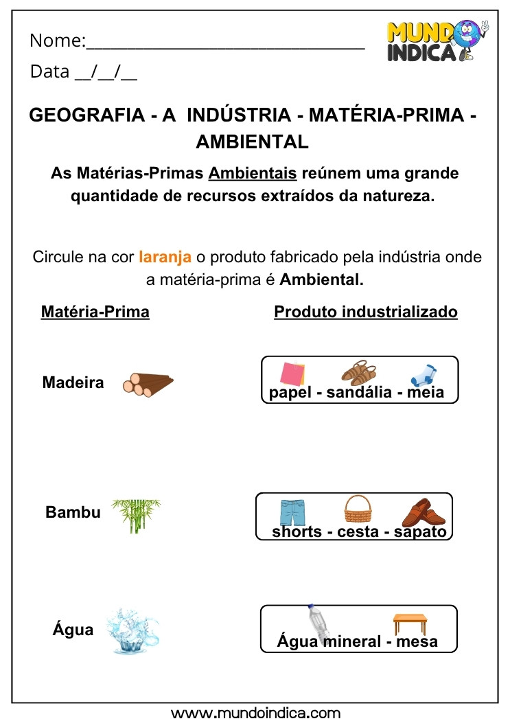 Atividade de Geografia sobre Matéria-Prima Ambiental e Produtos Industriais com Origem na Natureza