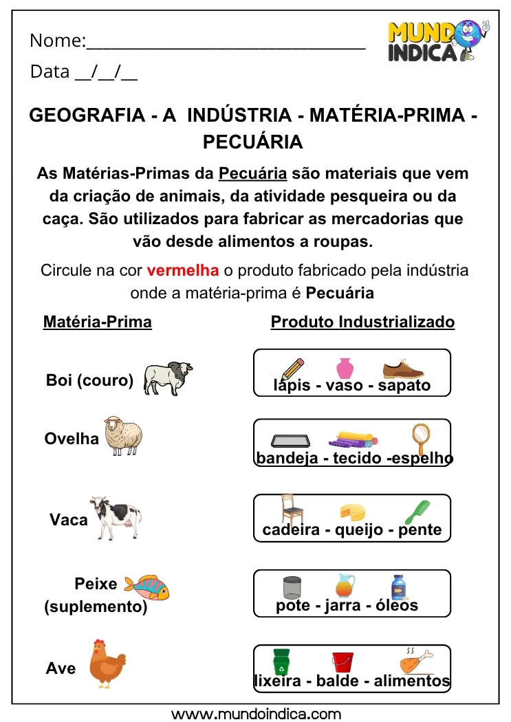 Atividade de Geografia sobre Matéria-Prima da Pecuária com Produtos de Origem Animal para Circular e Identificar