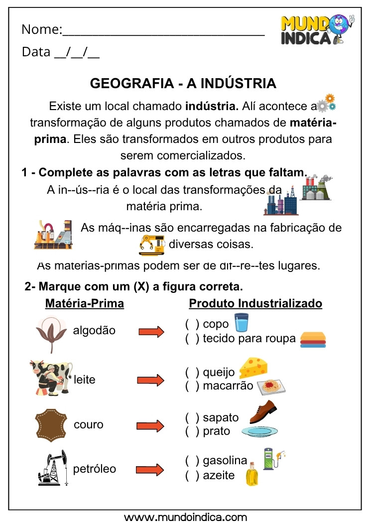 Atividade de Geografia sobre Matéria-Prima e Produtos Industrializados para Entender os Recursos Naturais