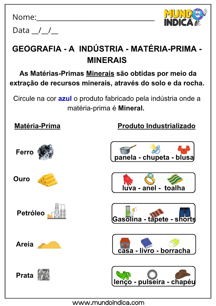 Atividade de Geografia sobre Matérias-Primas Minerais e Produtos da Indústria para Identificar e Circular