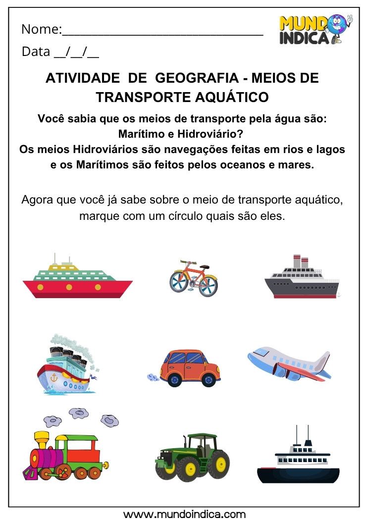 Atividade de Geografia sobre Meios de Transporte Aquático para Identificar Barcos, Navios e Hidrovias