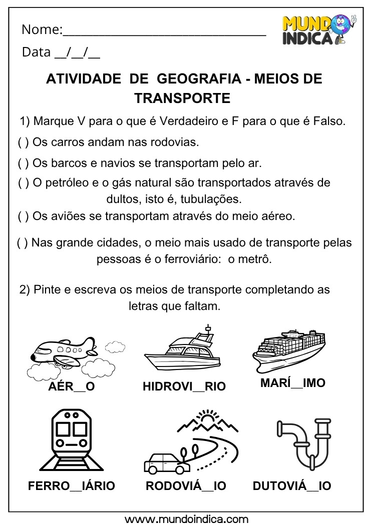 Atividade de Geografia sobre Meios de Transporte e seus Tipos Aéreo, Rodoviário, Ferroviário e Outros