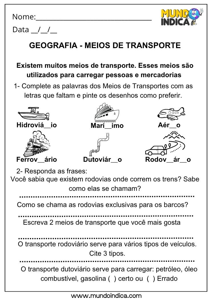 Atividade de Geografia sobre Meios de Transporte e suas Funções com Preenchimento e Perguntas