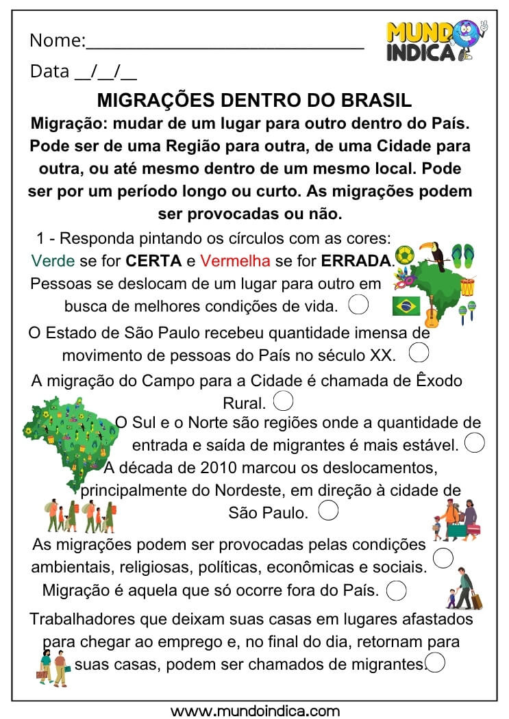 Atividade de Geografia sobre Migração Interna e Êxodo Rural no Brasil 4º Ano