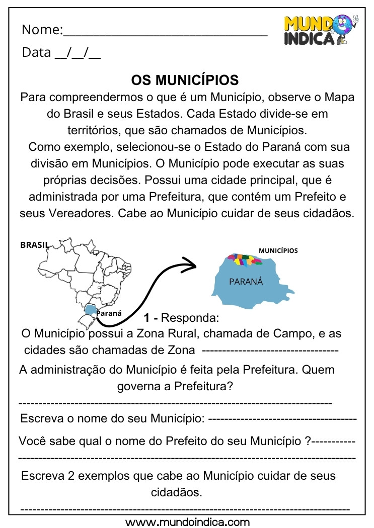 Atividade de Geografia sobre Municípios e Poder Público para Compreender a Função da Prefeitura