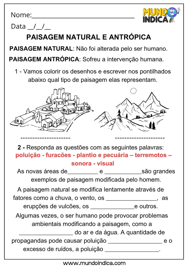 Atividade de Geografia sobre Paisagem Natural e Antrópica para Colorir os Desenhos e Responder as Questões para Imprimir