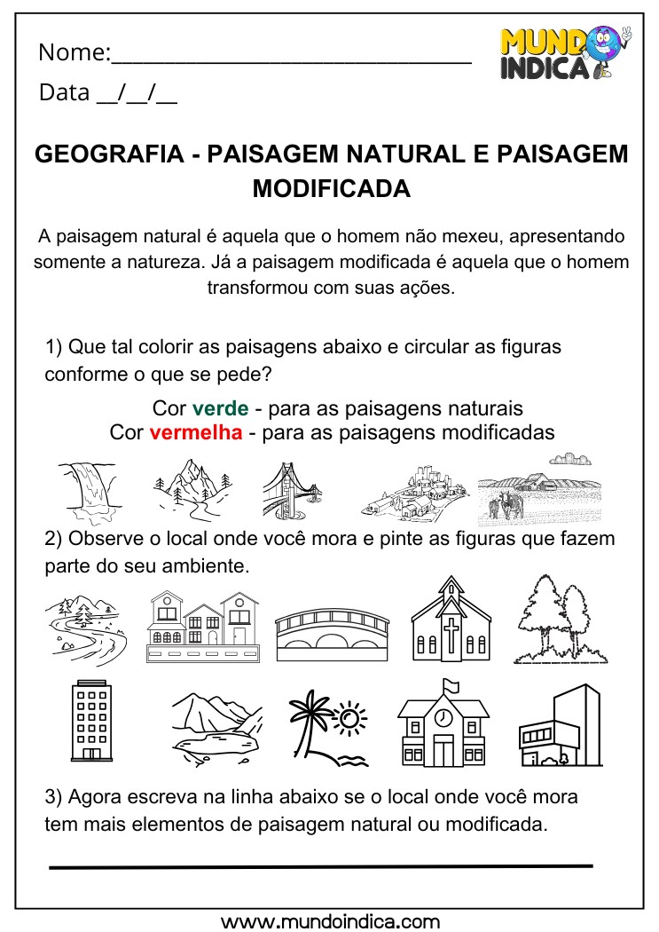 Atividade de Geografia sobre Paisagens Naturais e Modificadas para Imprimir