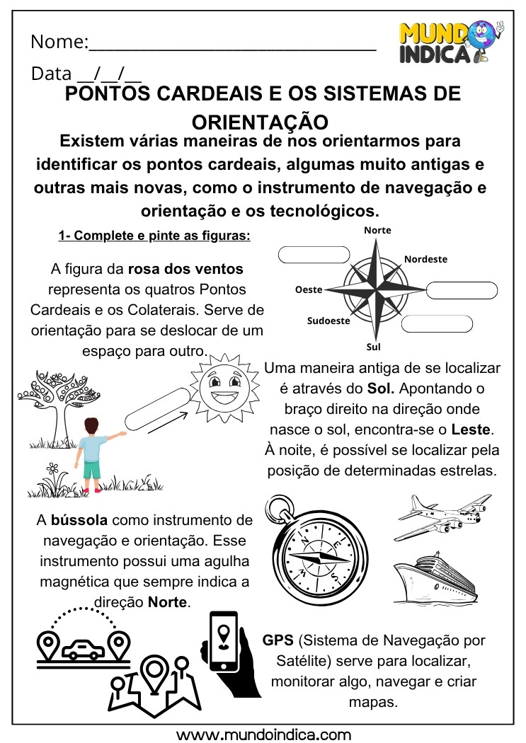 Atividade de Geografia sobre Pontos Cardeais e Sistemas de Orientação para Pintar e Compreender os Meios de Localização