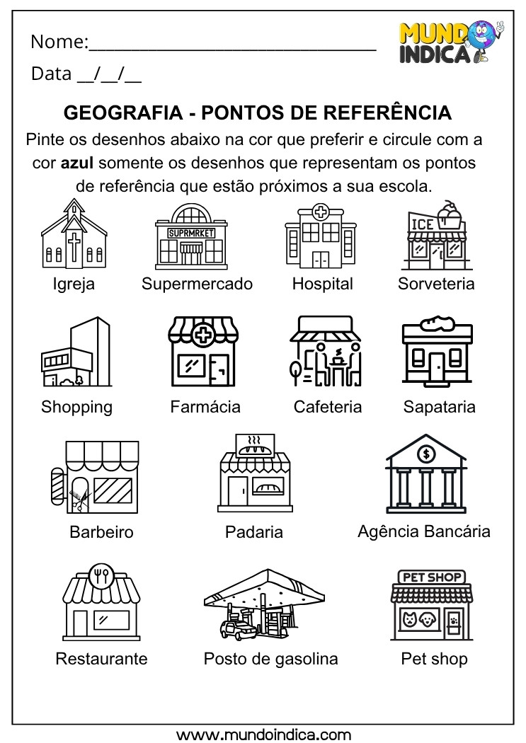 Atividade de Geografia sobre Pontos de Referência Próximos da Escola para Pintar e Circular