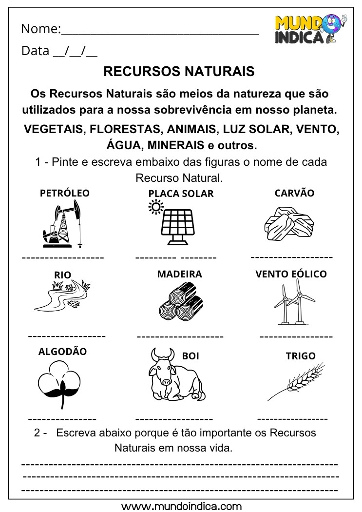 Atividade de Geografia sobre Recursos Naturais para Pintar, Identificar e Refletir sobre sua Importância