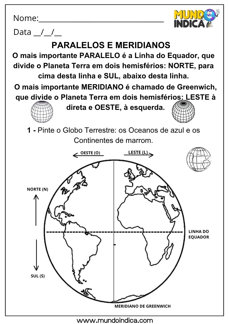Atividade de Geografia sobre Referência de Localização Global com Paralelos e Meridianos com Mapa Mundi para Colorir