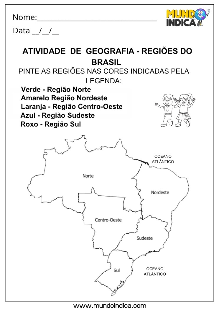 Atividade de Geografia sobre Regiões do Brasil com Legenda de Cores para Pintar no Mapa
