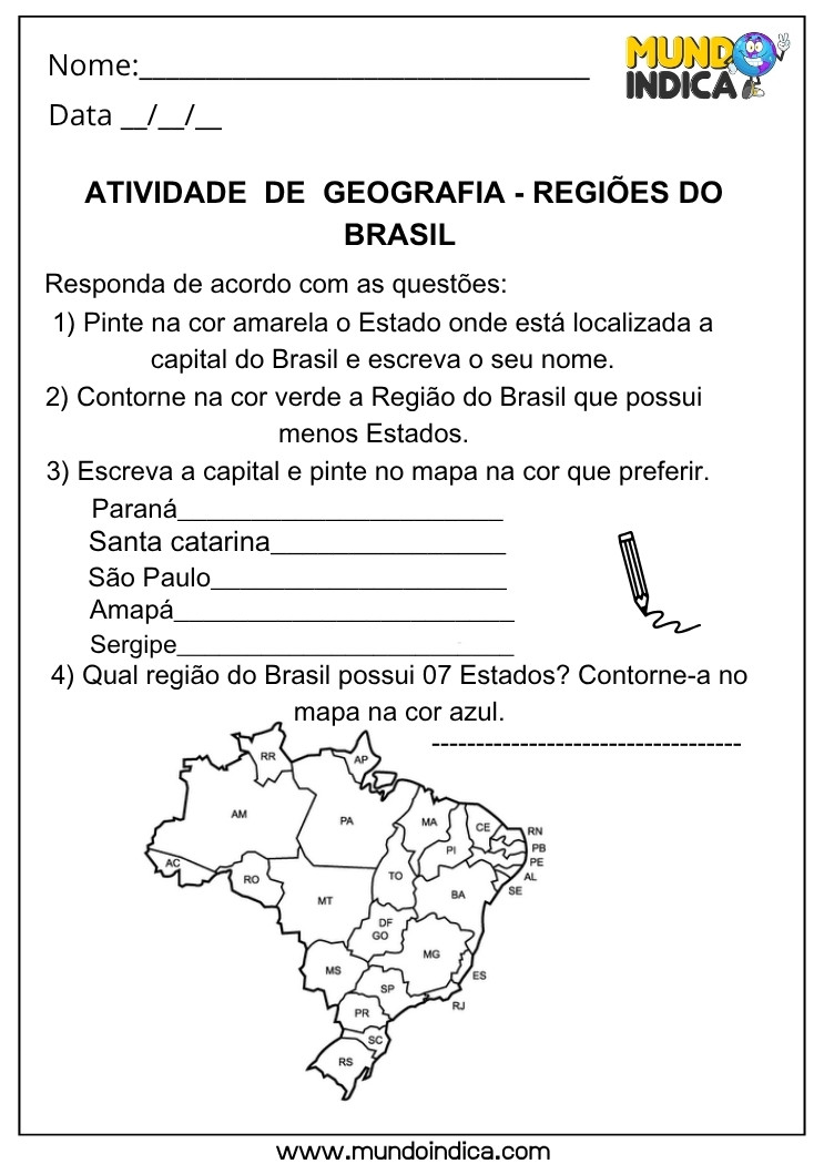 Atividade de Geografia sobre Regiões do Brasil com Mapa Político e Capitais para Preencher e Colorir
