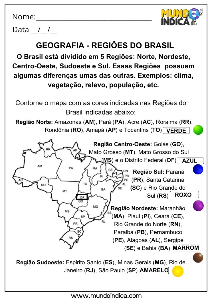 Atividade de Geografia sobre Regiões do Brasil com Mapa e Estados para Colorir